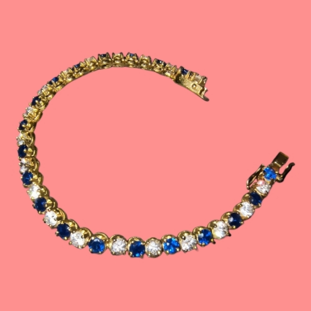 Vintage Blue Spinel & Clear Stone Gold Overlay Sterling Silver Tennis Bracelet
